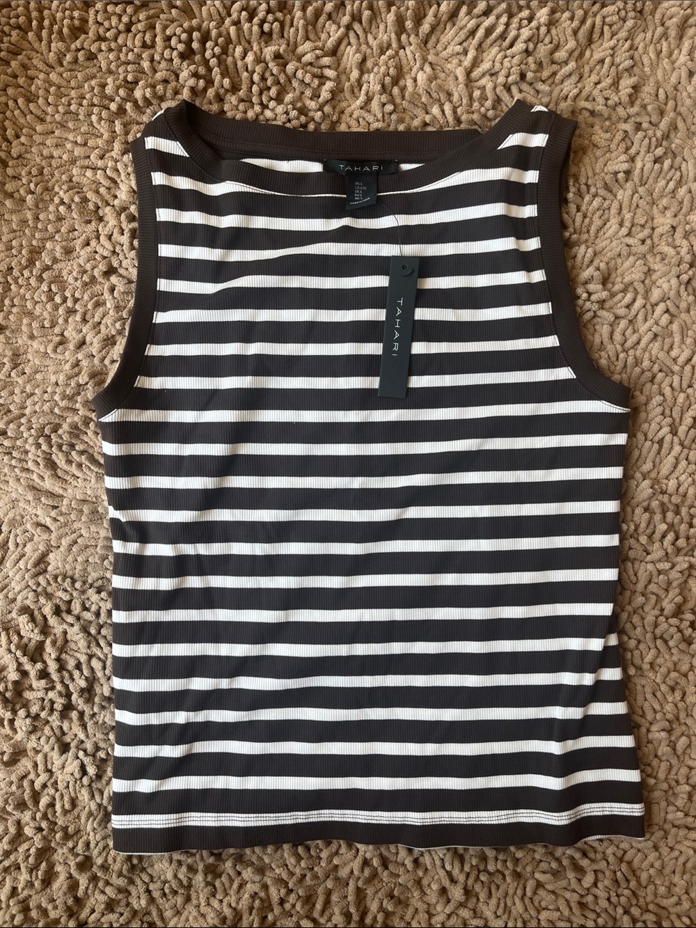 Tahari Browm and White Striped Ribbed Tank